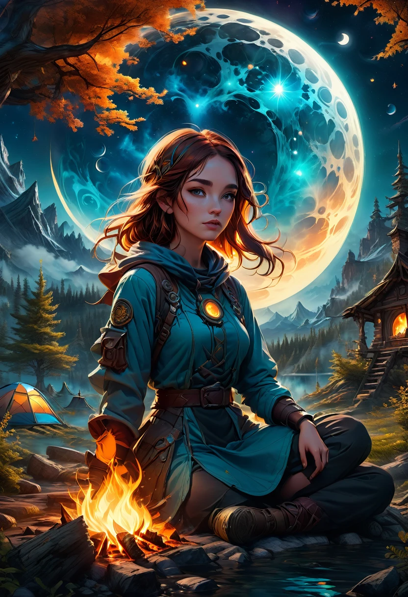 1girl, Campfire, aesthetic, Camping under a double moon, detailed matte painting, deep color, fantastical, intricate detail, splash screen, complementary colors, fantasy concept art, 8k resolution trending on Artstation Unreal Engine 5
