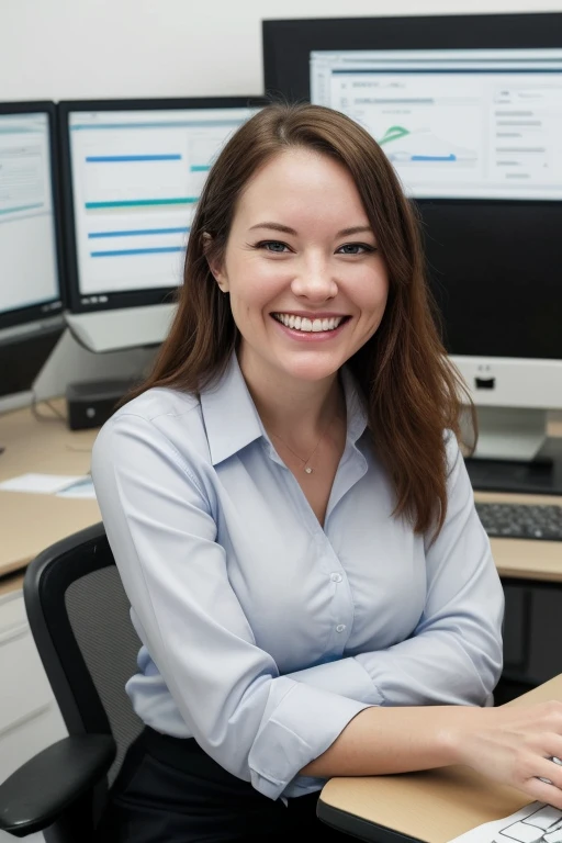 business person headshot sitting at a desk with computers and laughing, having fun, in an office, working in an office, coworkers, reddit post, people at work, laughing menacingly, looking at monitor, in an office, marketing photo, having a great time, in front of a computer,highly detailed, realistic, high quality