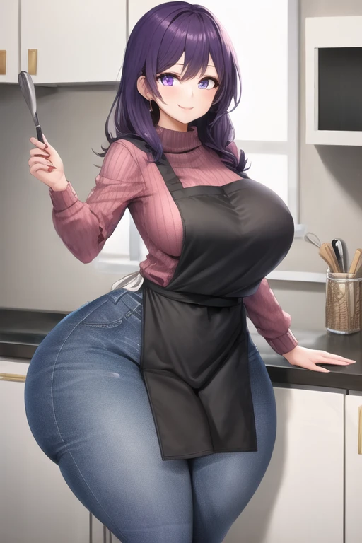masterpiece, best quality, 1girl, purple hair, long hair, purple eyes, smile, cute, (jeans, sweater, apron:1.2), kitchen, (curvy, slim waist, bottomheavy, big ass, thick thighs, wide hips:1.1)