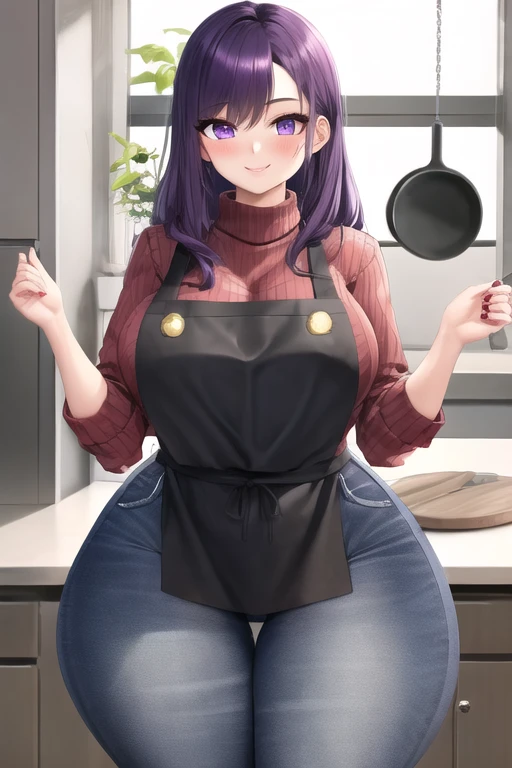 masterpiece, best quality, 1girl, purple hair, long hair, purple eyes, smile, cute, (jeans, sweater, apron:1.2), kitchen, (curvy, slim waist, bottomheavy, big ass, thick thighs, wide hips:1.1)
