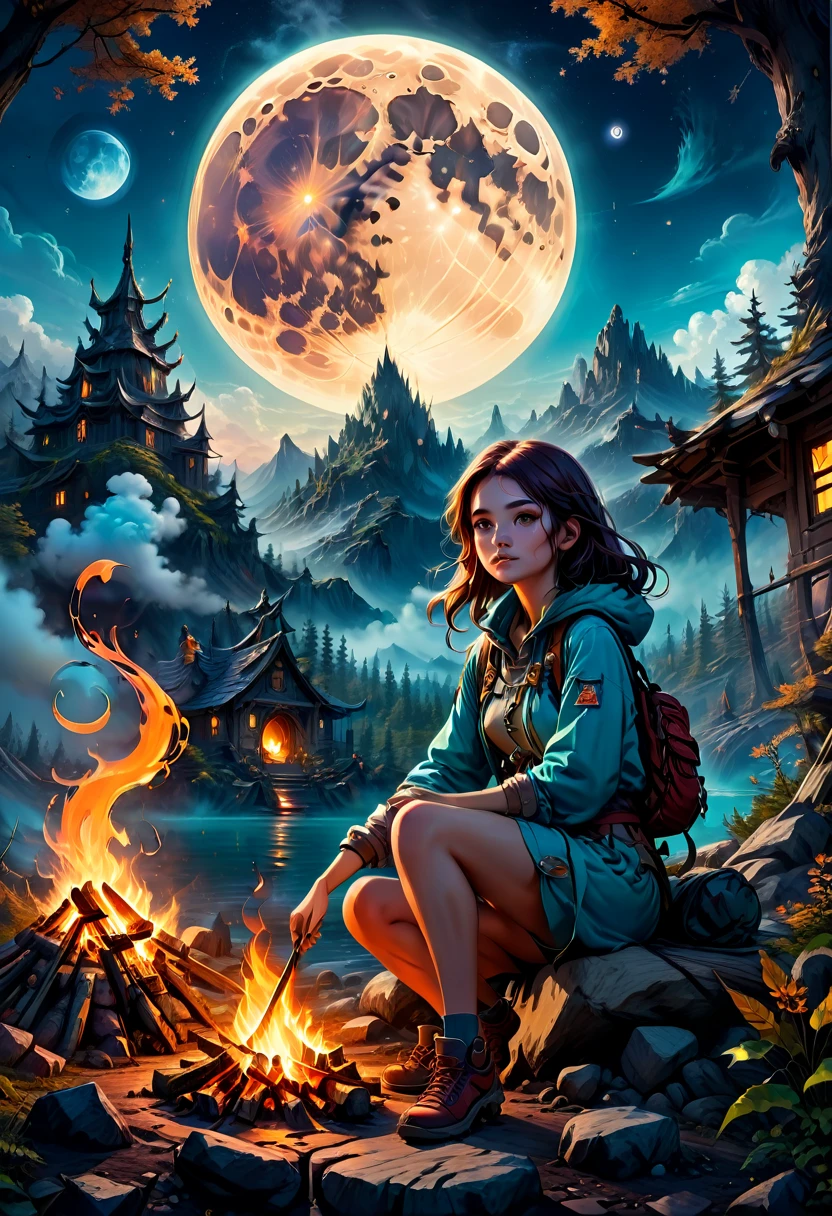 1girl, Campfire, aesthetic, Camping under a double moon, detailed matte painting, deep color, fantastical, intricate detail, splash screen, complementary colors, fantasy concept art, 8k resolution trending on Artstation Unreal Engine 5