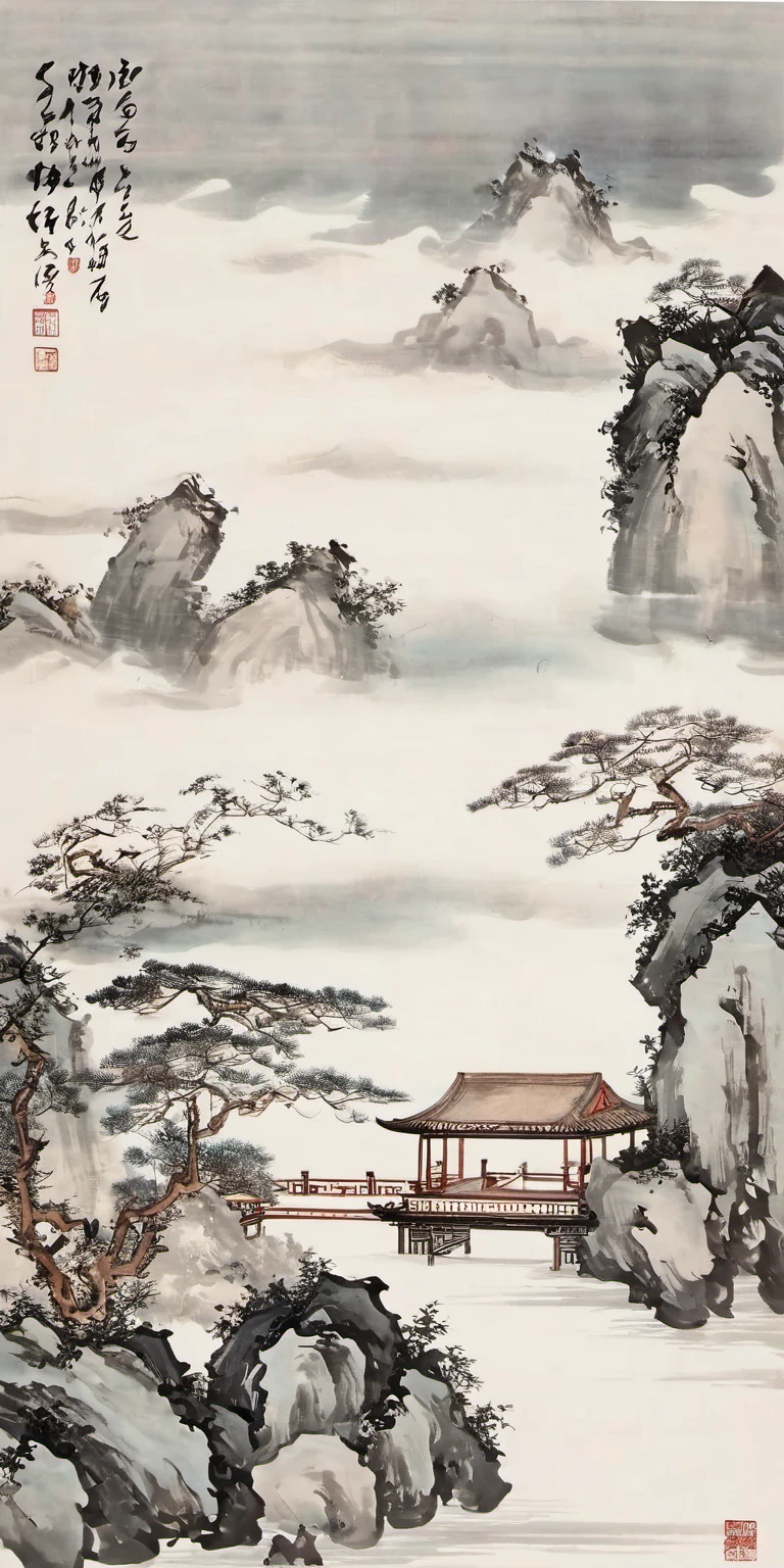 Chinese Ru kiln porcelain style,landscape,
Exhibition Hall,sea of clouds,Bright and advanced,White background,HD,Qiman.com,