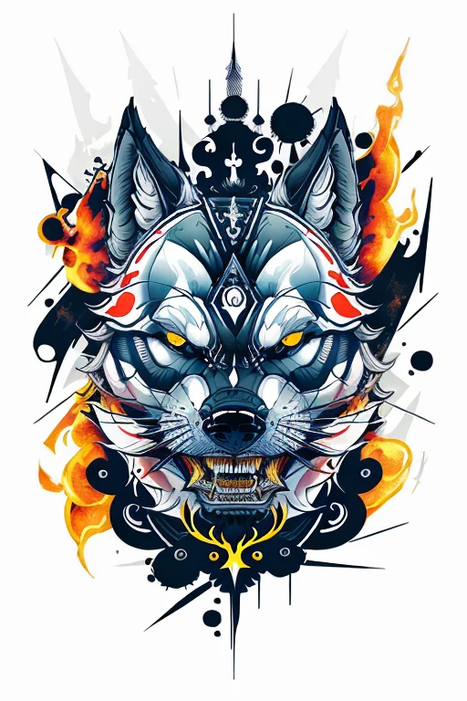 Fire Flame Effect Fine Tattooed White Background Rich in Color,The armored wolf opened his mouth and roared ,The special effects of demons, bunten Geistern und Feuern ergeben ein Logo,