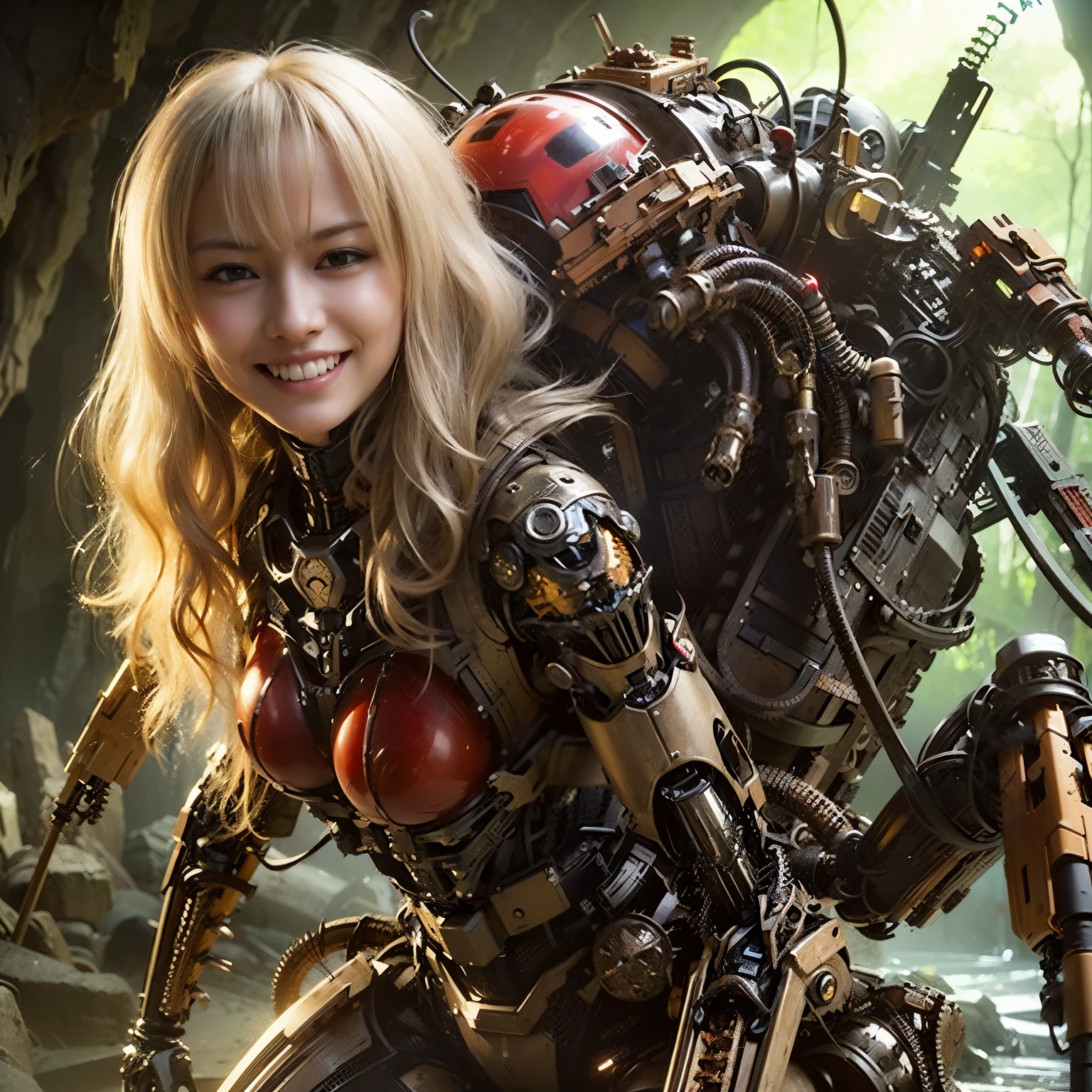 Mechanical backpack, demons, reinforced exoskeleton with insect references, heavy equipment, Japanese woman, very beautiful face, double teeth, fangs, canine teeth, smiling face, blond hair, full body shot, photorealistic, realistic, ultra realistic, ultra detailed, ultimate intricate detail, lighting highlighting machinery, glossy, cave with a suspicious atmosphere