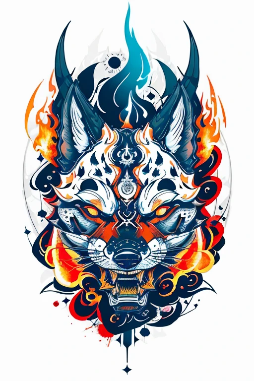 Fire Flame Effect Fine Tattooed White Background Rich in Color,The armored fox opened his mouth and roared ,The special effects of demons, bunten Geistern und Feuern ergeben ein Logo,