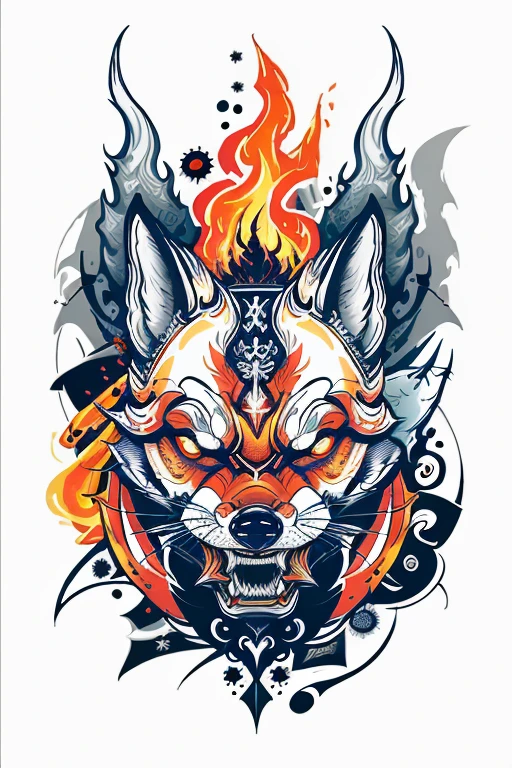 Fire Flame Effect Fine Tattooed White Background Rich in Color，The armored fox opened his mouth and roared ，The special effects of demons, bunten Geistern und Feuern ergeben ein Logo，