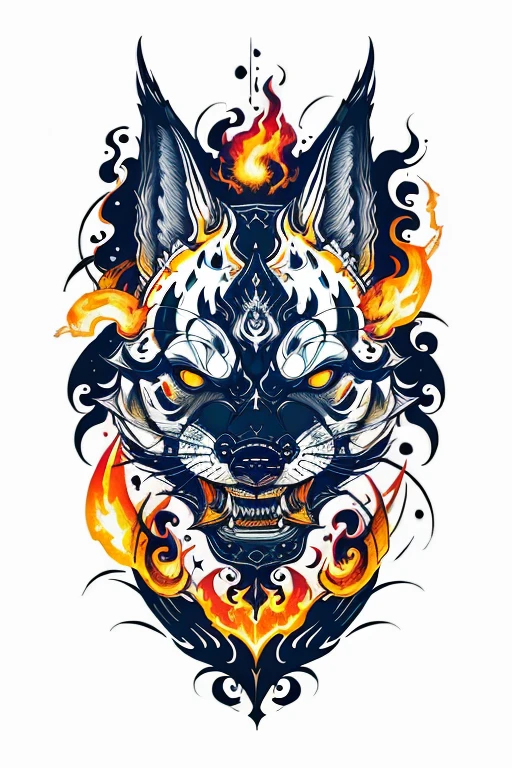 Fire Flame Effect Fine Tattooed White Background Rich in Color，The armored fox opened his mouth and roared ，The special effects of demons, bunten Geistern und Feuern ergeben ein Logo，