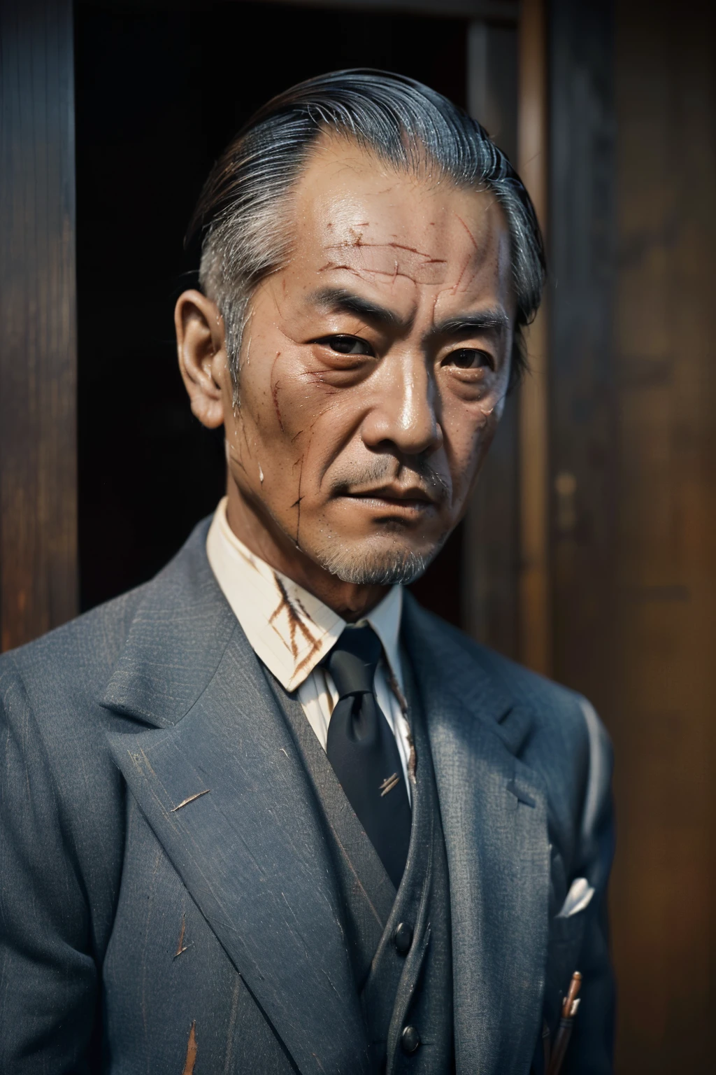 Japan, 1934. ((((42-year-old)) Nobu Toshikazu)), rugged appearance, intelligent, strong, (((scar across his face))), ((((bussinessman clothings from the 1930s, elegant suit)))), ((hairstyle of the 1930s)), color
