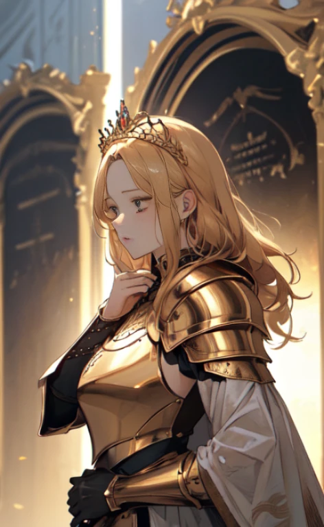 (hight resolution、masterpiece、side lights、Beautiful Eyes of Details:1.2)、3D Face、realisitic、face perfect、Golden hair、Queen of Armor、s Armor、His Majesty the Emperor、Absolute monarch、dignity、awe、Black and Gold theme、full body Esbian