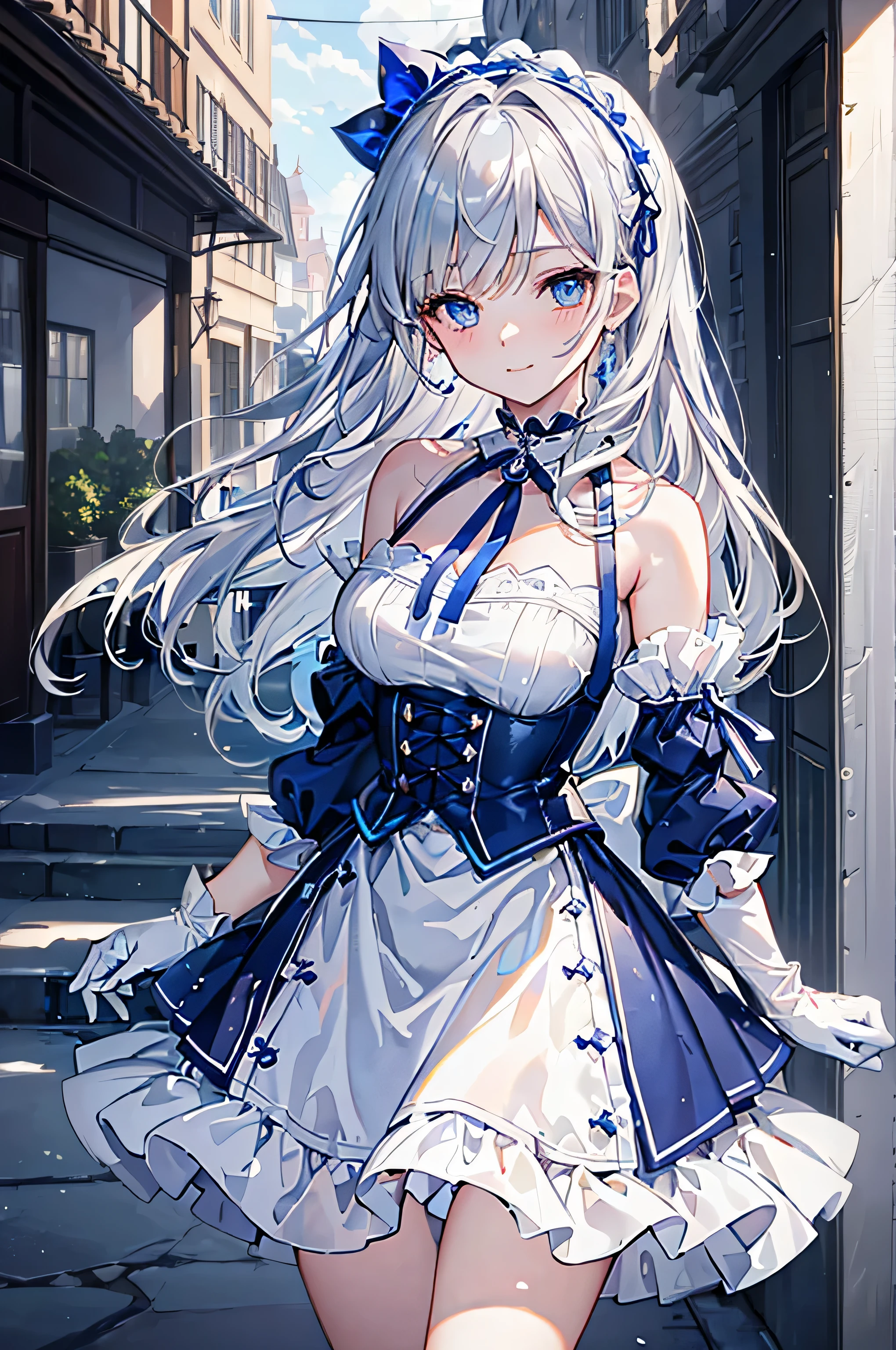 (8k, highest quality, masterpiece:1.2),(Blue colored eyes),((Garment Details)),High quality CG Unity 8k, concentrated, Realistic, Shadow, Soft lighting, Cowboy Shot, Gray Hair, Flutter Hair, nice, A gentle smile, village girl, High Waist Skirt, White Skirt, Long sleeve, ribbon, White Dress, gloves, Choker Noble Necklace.