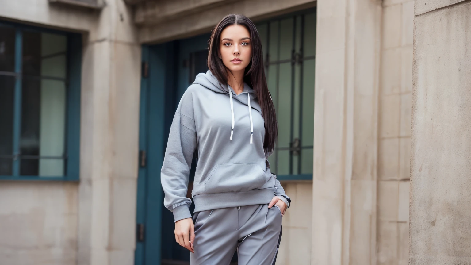 Super hot brunette model (Model in grey hoodie and athletic trousers shows her legs on camera))) make it active, her juicy body and voluptuous body, but make him respect the rules of the community ((thin waist)) ((skinny body))) ((blue eyes)) ((long straight black hair))