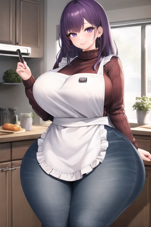 masterpiece, best quality, 1girl, purple hair, long hair, purple eyes, smile, cute, (jeans, sweater, apron:1.2), kitchen, (curvy, slim waist, big breasts, bursting breasts, bottomheavy, big ass, thick thighs, wide hips:1.1)