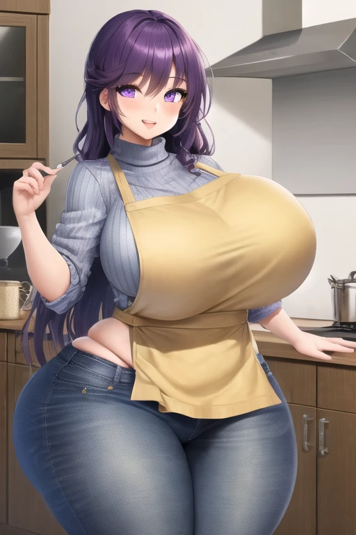masterpiece, best quality, 1girl, purple hair, long hair, purple eyes, smile, cute, (jeans, sweater, apron:1.2), kitchen, (curvy, slim waist, big breasts, bursting breasts, bottomheavy, big ass, thick thighs, wide hips:1.1)