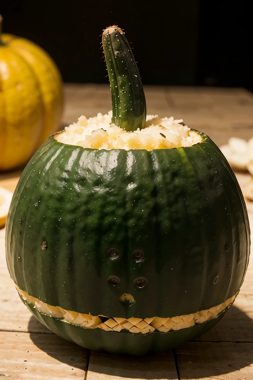 Una imagen con fondo de textura verde, en la parte inferior agregar un elote, calabaza mexicana, chiles serrans y granos de frijol