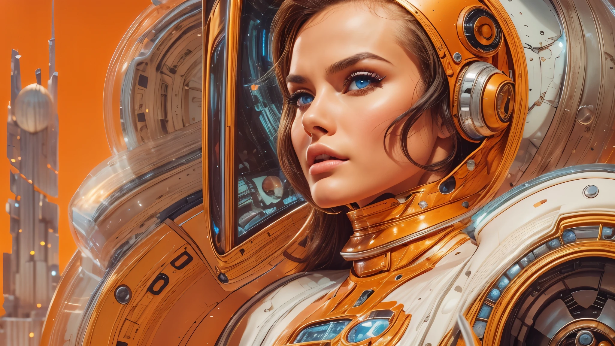 arafed image of a white woman in a futuristic suit with a spaceship in the background, movie art, in front of an orange background, inspired by Robert McGinnis, female protagonist, megastructure in the background, portrait of an ai astronaut, astronauts, an astronaut, portrait of a astronaut skeletor, perfect android girl, detailed eyes, perfectly detailed teeth, frank franzzeta and sakimichan  