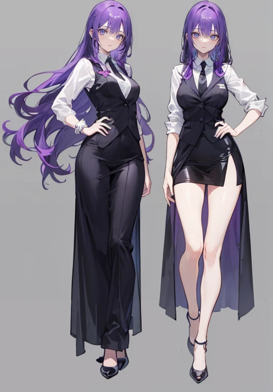 ((Perfect Face)),Purple Hair,voluminous long hair,1 female,bartender,suit,Black vest,Shirt with rolled up sleeves,tie,slit,High heels,,((Simple Background)),smile,((whole body)),((whole body)),Portraiture,virtual,upright,,Both arms are down,Standing upright with face and body facing forward,