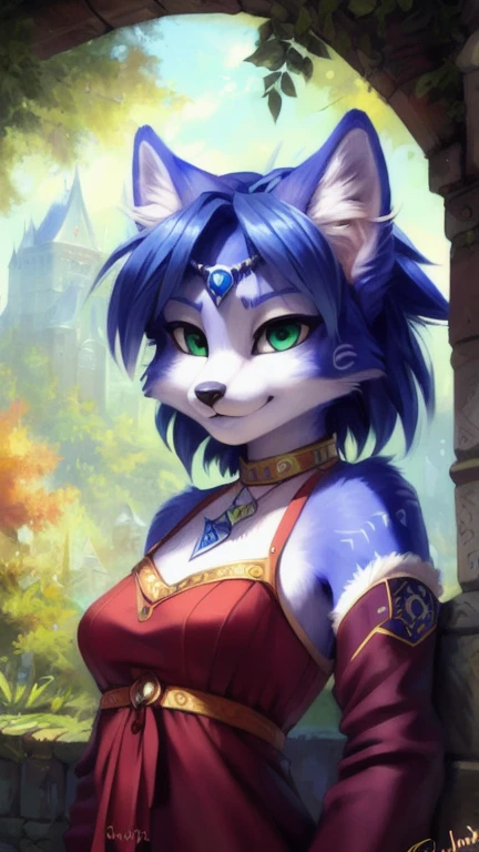 A beautiful and detailed (sweet portrait) von ((Krystal)), Sternenfuchs Krystal, Schlank, liebenswert, green eyes, small breasts,  Dekollete, Grinsen, hoch schauen,, anthro, Pelzig, holografischer Bildschirm, Hochgeladen E621, detailed flauschige fur, (von Fluff-Kevlar, Bayard Wu, personalami, Pino Daeni), detailliertes Gesicht, (flauschige), 1 girl, Allein, kein Wasserzeichen