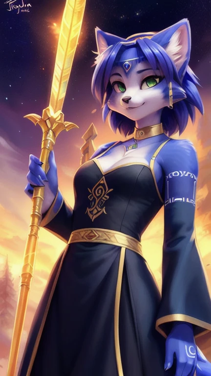A beautiful and detailed (sweet picture) von ((Krystal)), Sternenfuchs Krystal, Schlank, liebenswert, green eyes, small breasts, lange haare,fantasie robe, Dekollete, Grinsen, hoch schauen,, Anthro, Pelzig, Hochgeladen E621, detailed flauschige fur, (von Fluff-Kevlar, Bayard Wu, personalami, Pino Daeni), detailliertes Gesicht, (flauschige), 1Girl, Allein, (posing with a golden staff in her hands:1.3),light armor