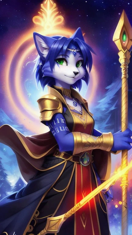 A beautiful and detailed (sweet portrait) von ((Krystal)), Sternenfuchs Krystal, Schlank, liebenswert, green eyes, medium breasts, (((Lange blaue Haare 1.3))), ((schwarze haarspitzen)), Dekollete, Grinsen, hoch schauen,, anthro, Pelzig, Hochgeladen E621, detailed flauschige fur, (von Fluff-Kevlar, Bayard Wu, Personalami, Pino Daeni), detailliertes Gesicht, (flauschige), 1 girl, Allein, Stammes-Kleidung, sweet girl, solo, wears a mages robe