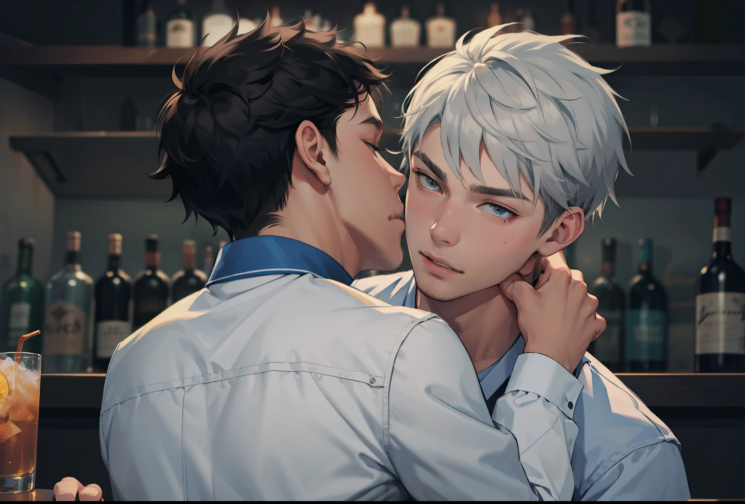 two 14 year old boys are in a bar at a party having a few drinks of liquor