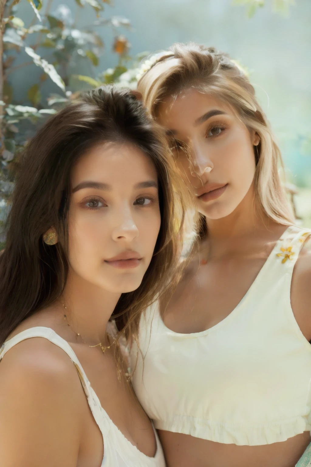 Dos mujeres con sujetadores blancos posando para una foto., mellizos, Kylie Jenner, beautiful gemini mellizos, una rubia y una morena, con un gemelo, hermanas, foto de perfil, dos modelos en el marco, beautiful gemini mellizos portrait, estan cerca el uno del otro, caliente, lesbiana, '20, pcalienteoshoot, su cabello es blanco, two girls, caras hermosas