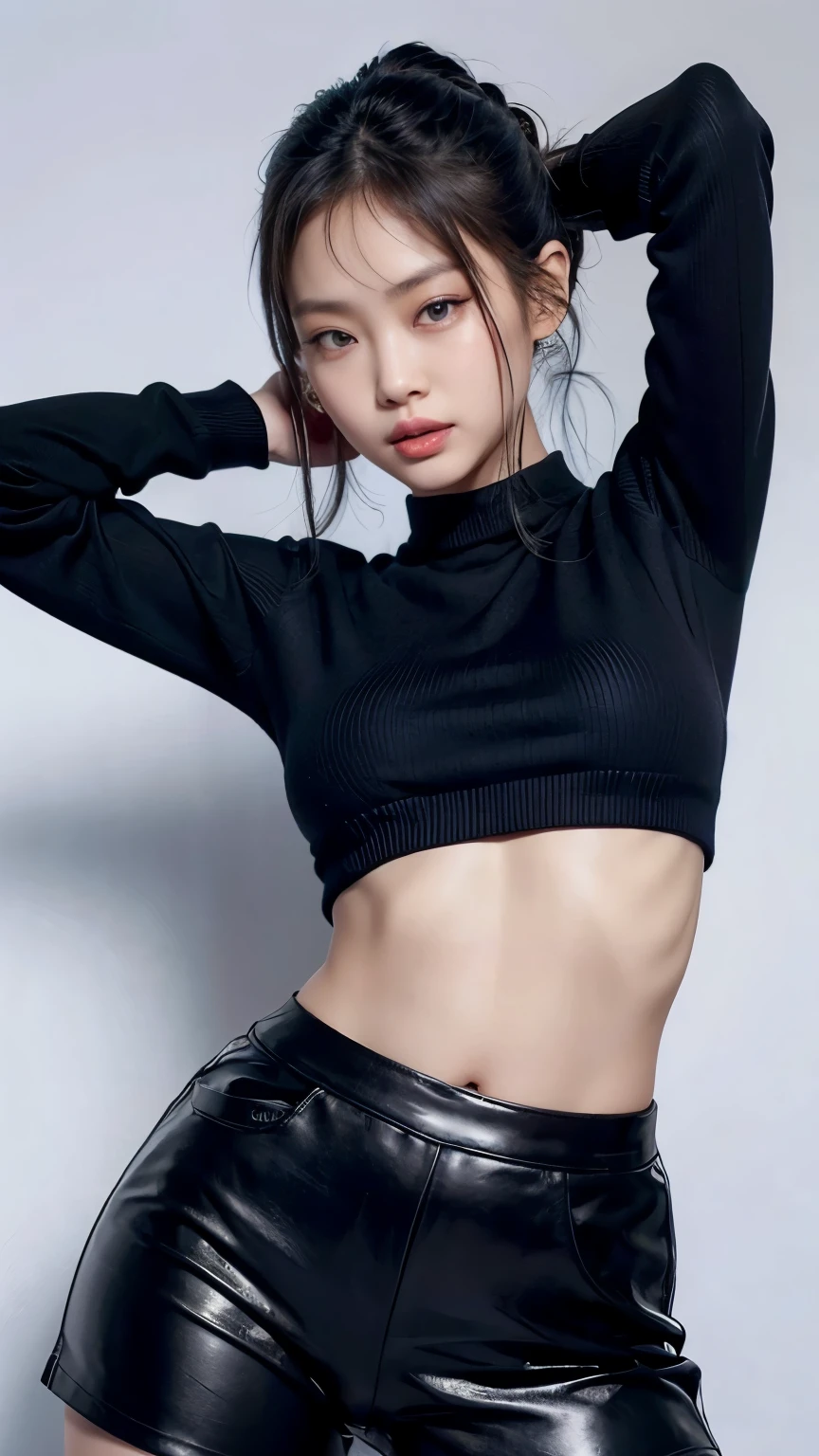 Kim Jennie, wearing a black croptop sweater with long sleeves, black hot pants, sexy pose, showing off the beauty of her body