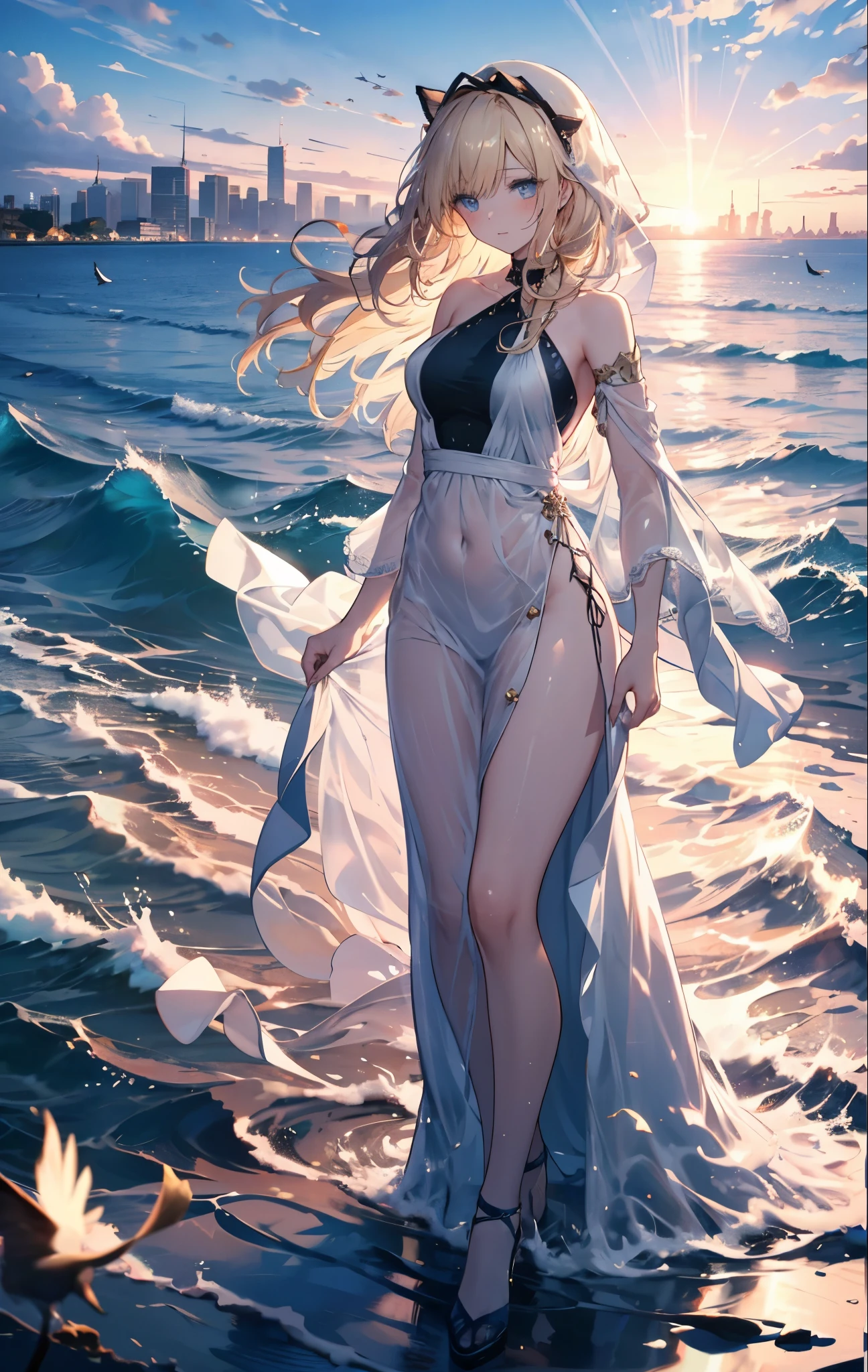 concept:Portrait of a woman dancing on the sea. quality:(最高quality, 4K, 8K, High resolution, masterpiece:1.2), Super detailed, (realistic, フォトrealistic:1.37). illumination:Bright colors, Lens flare, The overall dramatic atmosphere of the scene, 優美なillumination, Soft and warm color palette. Subject information:Attractive woman dancing in the sea, Long blonde hair fluttering in the wind, elegant dress, The hem of a dress fluttering in the wind, beautiful detailed eyes, beautiful detailed lips, long eyelashes, elegant pose, captivating gaze, elegant dance steps:1.4, Captivating rhythm, subtle reflection, flowing fabric, delicate sense of movement. Other details:sparkling water, Clear skies, Sunlight pouring down, breeze, Soft waves, romantic atmosphere, sparkling background, sea view, Elegant fluidity, quiet atmosphere, majestic performance, An otherworldly experience, whisper of light, Fantastic effects with soft focus lenses, soft natural light, Illustration of movement, Blur, Lens flare, background bokeh, surreal, bright colors.