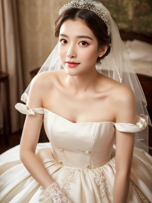 best quality,Clear face,Ultra HD,a beauty,Wearing vintage wedding dress,wedding photos,beautiful makeup,full-body shot,model