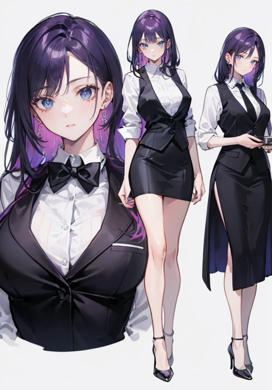 ((Perfect Face)),Purple Hair,voluminous long hair,1 female,bartender,suit,Black vest,Shirt with rolled up sleeves,tie,slit,High heels,,((Simple Background)),smile,((whole body)),((whole body)),Portraiture,virtual,upright,,Both arms are down,Standing upright with face and body facing forward,