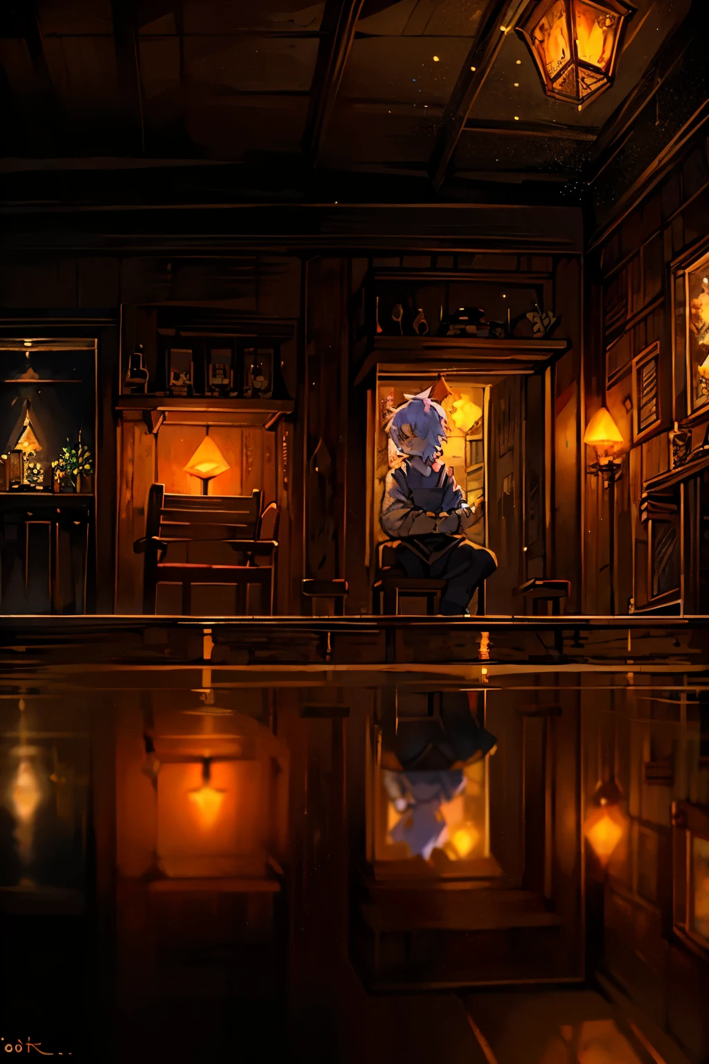 Empty Scene, Alone: A Solitary Figure in an Oil Painting Night Setting
In the stillness of the night, a lone figure occupies an empty scene in an exquisitely crafted oil painting. The image resonates with a sense of introspection and solitude, reflecting the quiet tranquility that often follows the hustle and bustle of the day.
The figure, dressed in casual attire, is seated at a dimly lit table, surrounded by empty chairs and benches reflecting the faint orange light cast by the burning oil lamps. The wooden tabletop glistens with reflections, displaying the outlines of discarded plates and glassware,