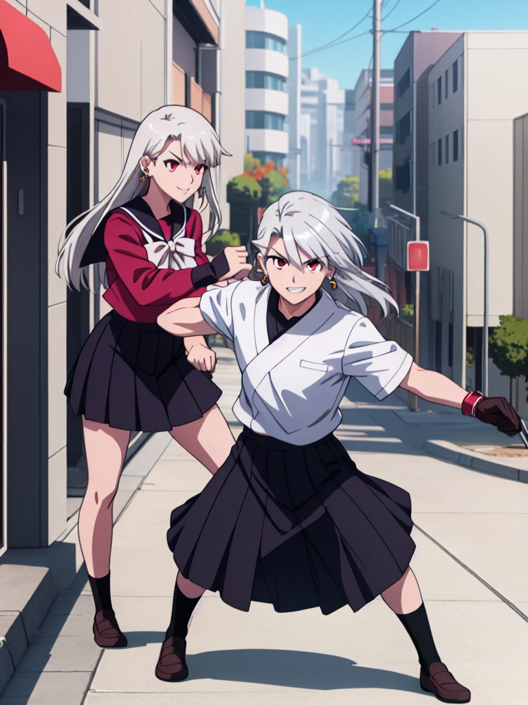 cartoon, sukeban illyasviel_von_einzbern, mature_female, silver hair, holding yoyo, combat pose, full body, flowing hair, hair between the eyes, asymmetrical hair, red eyes, delicate facial features, sukeban deka clothe, looking_at_viewer, outdoors, background tokyo, ((solo girl:1,5))+++++,woman in a 80's sukeban seifuku standing on a set of strees, black , 80's japanese sukeban photo, sukeban seifuku, 80's japan, sukeban, long black skirt, red converse, full body, light skin tone female, full body, tape, arm_support, gloves, red_gloves, bridal gauntlets, blackred_footwear, fighter outfit, full body, hourglass, mature face, cheeky smile, cheeky face, wrinkles,( silver long hair, earrings, ear piercings), (fighting art, Martial arts, standing, fighting_stance, fight, fighting), extra colors, 2D, megapixel, perfectionism, accent lighting, full HD , 4K, masterpiece, empty red eyes, extra colors, 2D, megapixel, perfectionism, accent lighting, full HD , (Masterpiece:1.2), (full-body-shot:1),(cowboy shot:1.2), (Highly detailed:1.2),(anime Detailed Face:1.2), Colorful, A detailed eye, (Detailed landscape:1.2), (natural lighting:1.2), ((sukeban school teacher)) by Vincent Di Fate: Aidyllery, Anamorphic Shot, rule of thirds, face by Artgerm and WLOP, ((street of rage 4 city backround)), fictive city backround in the style art of street of rage 4,
