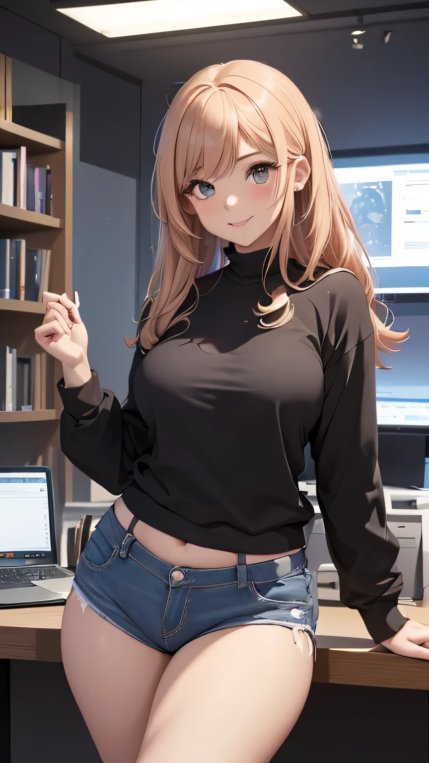 (8k, RAW foto, mejor calidad, (Obra maestra, super high quality, super detailed), anime style chica joven, random color of hair and style Absoluto, detalles intrincados, Mujer arafed apoyada en un escritorio con tres pantallas de computadora., showing stock charts, En frente de una computadora, sentado en una computadora desk, mirando el monitor, sentado frente a la computadora, sentado en una computadora, Comercio, sentado en un escritorio, Proveedores, Comercio stocks, centrado en el centro, sentado en el escritorio, accurately portrayed, A confident, curvy woman with a captivating smile, Cuerpo completo ((manos finas y detalladas)), mostrando su figura y una cintura bien definida, culata, vista trasera