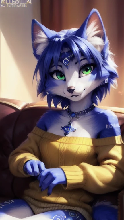 A beautiful and detailed (sweet portrait) von ((Krystal)), Sternenfuchs Krystal, Schlank, liebenswert, green eyes, small breasts,  Dekollete, Grinsen, hoch schauen,, anthro, Pelzig, Hochgeladen E621, detailed flauschige fur, (von Fluff-Kevlar, Bayard Wu, personalami, Pino Daeni), detailliertes Gesicht, (flauschige), 1 girl, Allein, auf einem sofa sitzend, alltagskleidung, hellbrauner pullover, schwarze hose