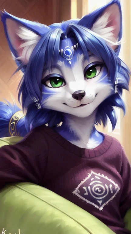 A beautiful and detailed (sweet portrait) von ((Krystal)), Sternenfuchs Krystal, Schlank, liebenswert, green eyes, small breasts,  Dekollete, Grinsen, hoch schauen,, anthro, Pelzig, Hochgeladen E621, detailed flauschige fur, (von Fluff-Kevlar, Bayard Wu, personalami, Pino Daeni), detailliertes Gesicht, (flauschige), 1 girl, Allein, auf einem sofa sitzend, alltagskleidung, hellbrauner pullover, schwarze hose