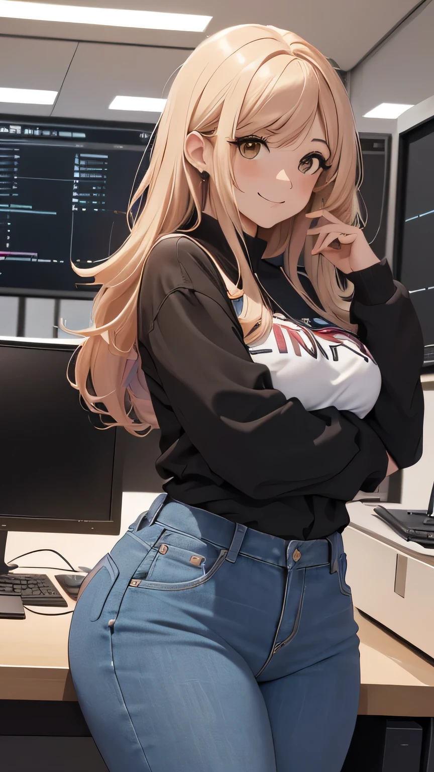 (8k, RAW foto, mejor calidad, (Obra maestra, super high quality, super detailed), anime style chica joven, random color of hair and style Absoluto, detalles intrincados, Mujer arafed apoyada en un escritorio con tres pantallas de computadora., showing stock charts, En frente de una computadora, sentado en una computadora desk, mirando el monitor, sentado frente a la computadora, sentado en una computadora, Comercio, sentado en un escritorio, Proveedores, Comercio stocks, centrado en el centro, sentado en el escritorio, accurately portrayed, A confident, curvy woman with a captivating smile, Cuerpo completo ((manos finas y detalladas)), mostrando su figura y una cintura bien definida, culata, vista trasera