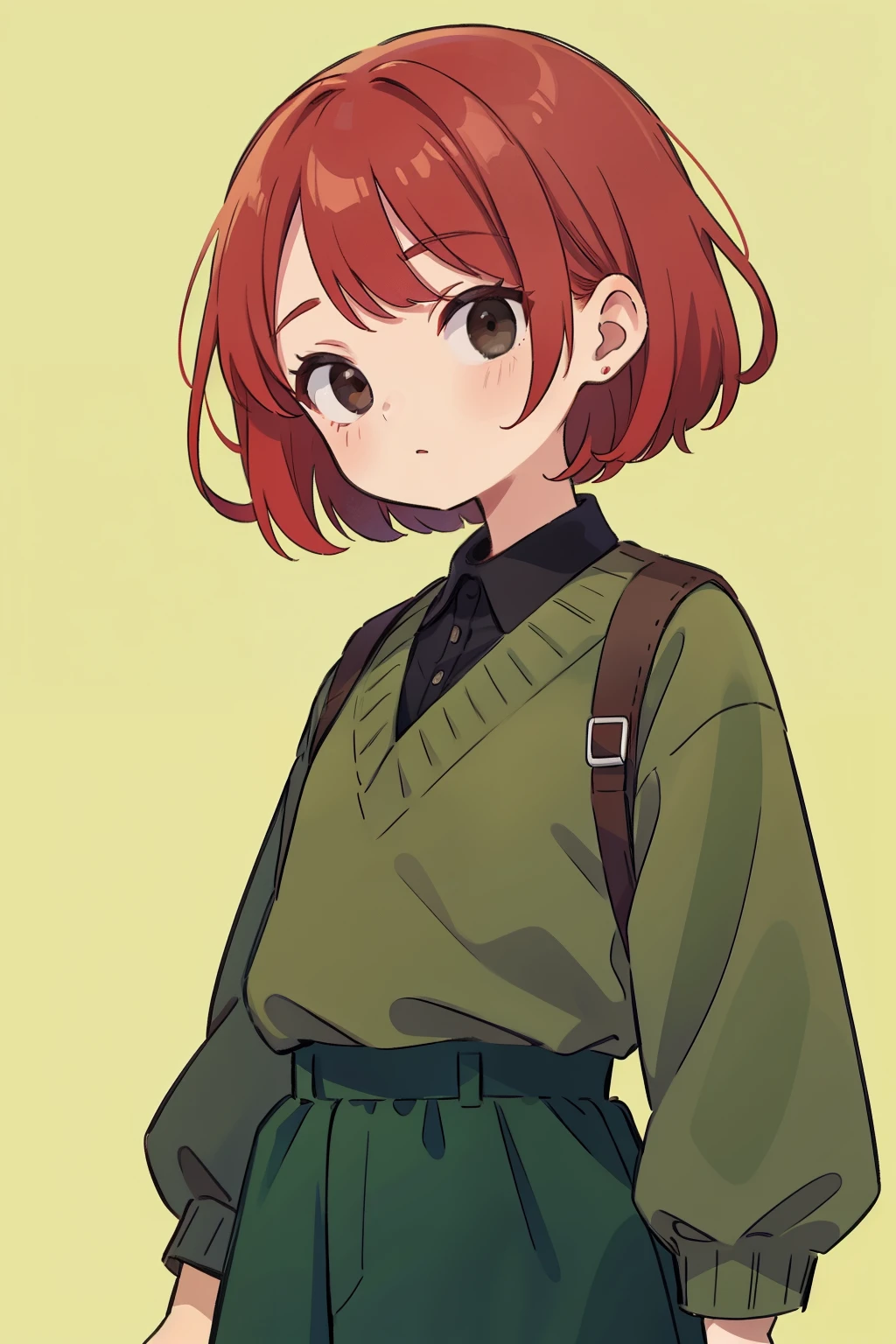 Young woman, Red hair, short hair, green bow, black eyes, green clothes, clothes with brown elements.
