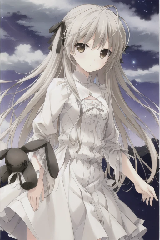 ((masterpiece:1.4, best quality)) ,Kasugano Sora,1 Girl,Brown eyes,skirt,Plush Toys,Stuffed Animals,stuffed bunny,
outdoor,cloud.night,,Starry sky,Depth of Field,Wind,Cowboy shooting,(Star \(Symbolism\)),Galaxy
,Happy,permanent,