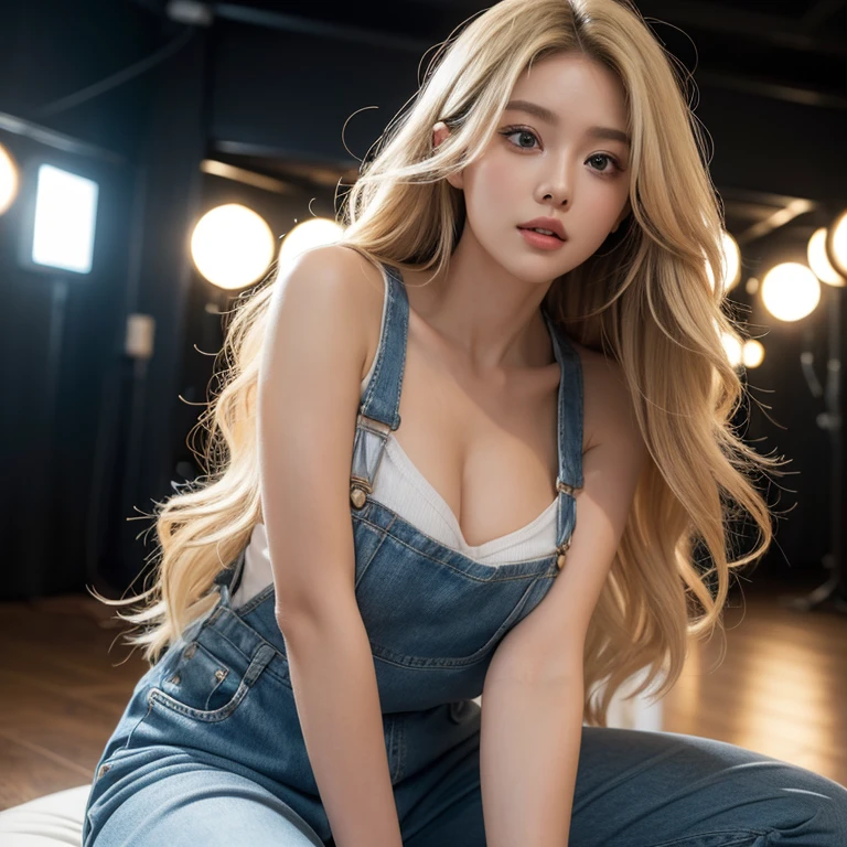 Highest quality,26 years old,woman,Long Hair,Light blonde hair color,Soft wavy hairstyle,with big eyes、Deep blue,Bright、Has a lively expression,Height about 165cm,bust 86cm,Waist 63cm,Hip 89cm,Healthy and bright skin tone,Thick lips,flom below,whole body,The thighs are a little thicker,Looking at the camera,Cinema Lighting,The room is a little dark,Are standing,ものすごくいやらしいwoman,Overflowing sex appeal,Bust size J cup,Completely naked,Cinema Lighting,Looking provocatively at the camera,Wearing overalls on bare skin,He wears slightly oversized blue glasses.,