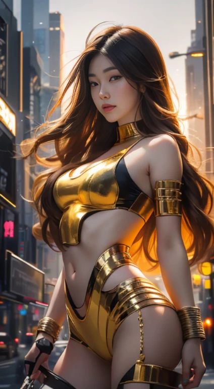 Virtual image,Realistic 8K images,hips up,Masterpiece,Complete Anatomy,Complete dynamic composition,morning sun,Light hits the front,young woman with long brown hair,cybernetic robot,Bikini body - white_orange_gold_metal,,white tank top,Abstract city background at night