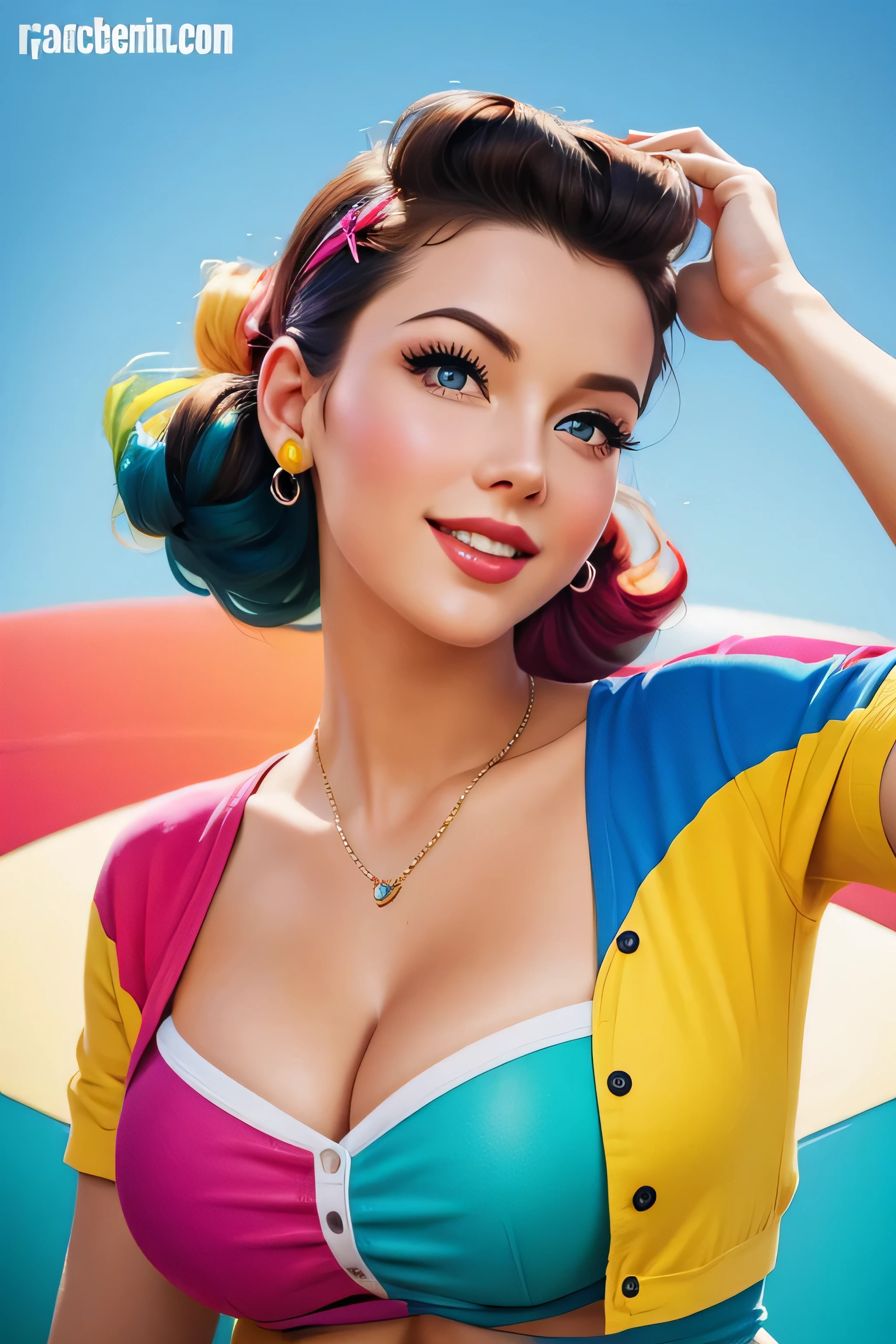 Playful, young woman posing in a colorful, whimsical setting, reminiscent of pop art, digital painting, high-definition resolution, bright color scheme, cleavage