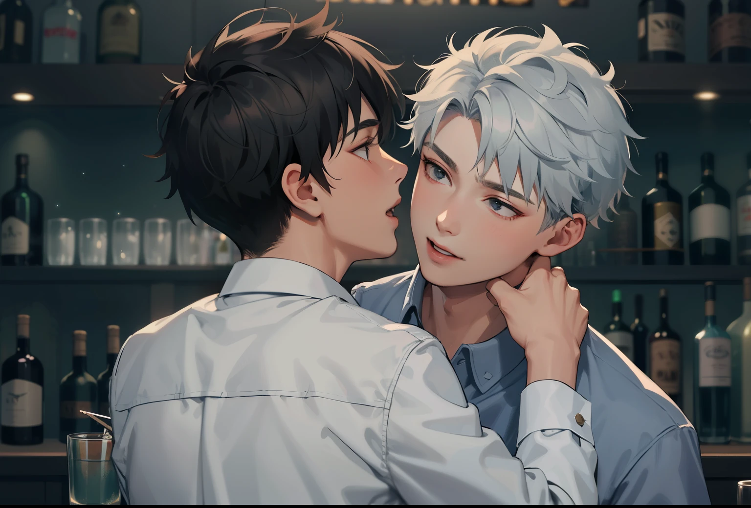 two 14 year old boys are in a bar at a party having a few drinks of liquor