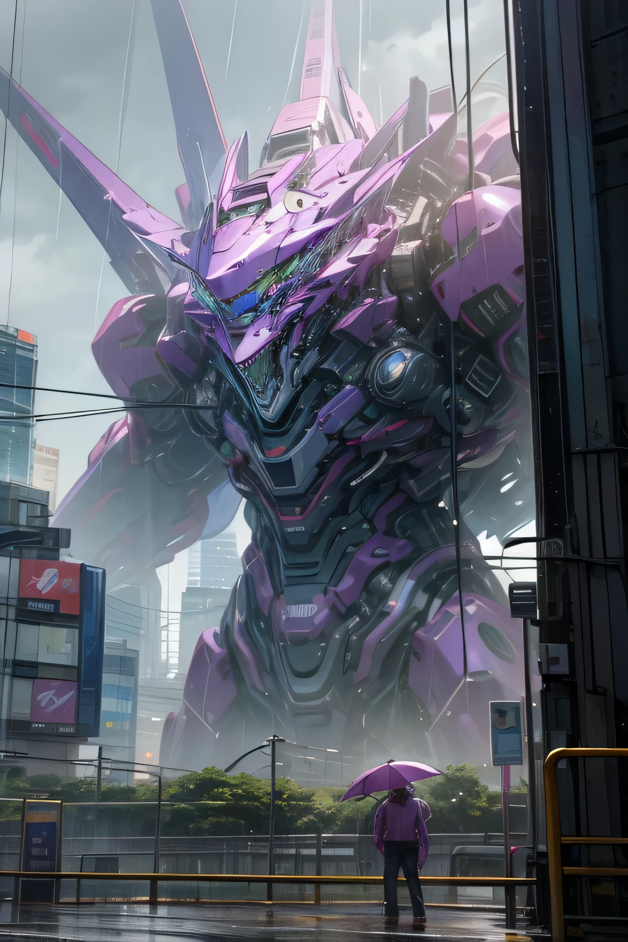 Giant purple and bluish colored robot under the rainy sky of Tokyo