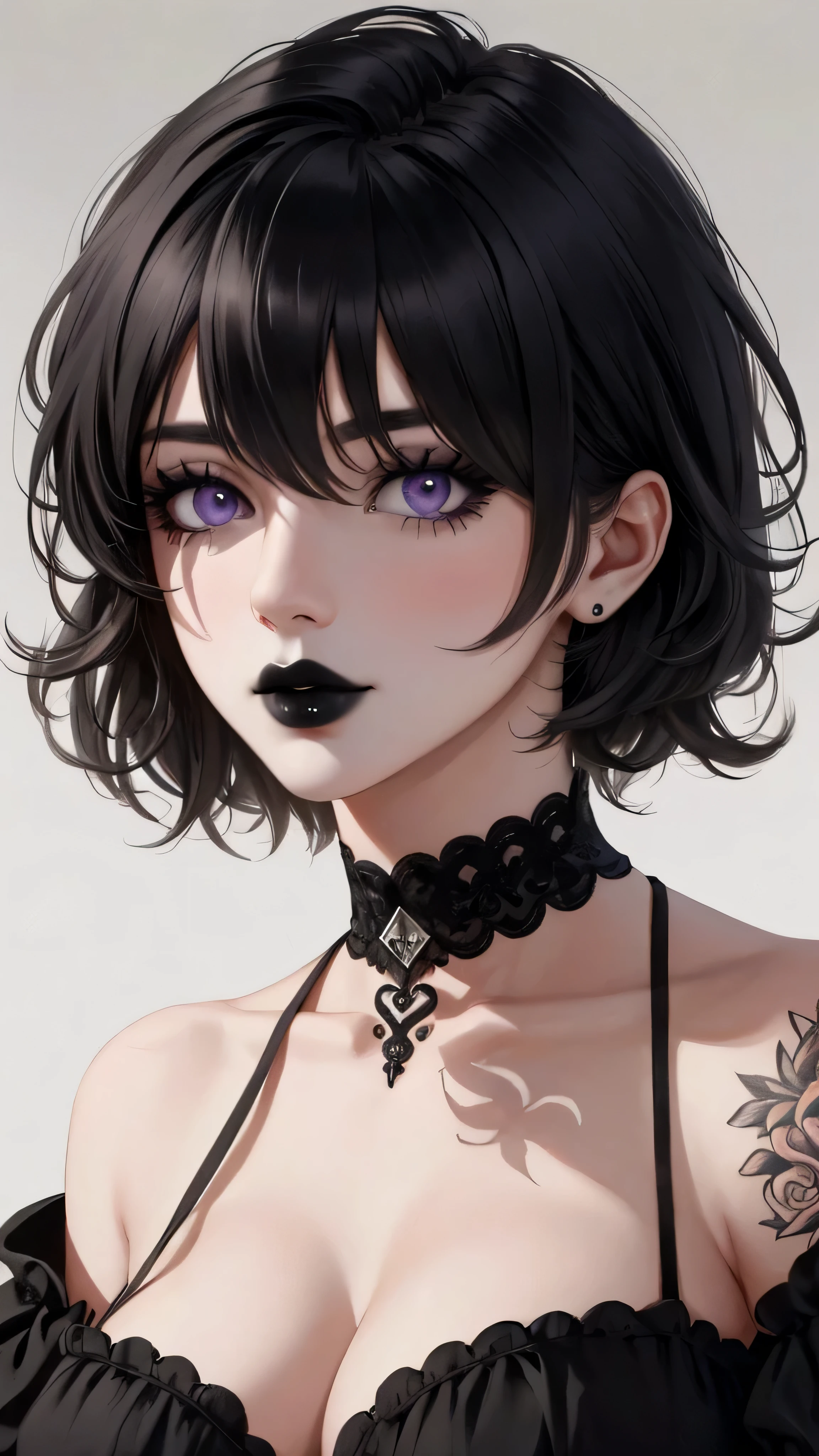 masterpiece,(best quality,top quality,8k),realistic,painting,detailed eyes and face,(1girl), purple eyes, black hair, messy hair, short hair, hair between eyes,(tatto:1.2), pixie cut, goth, gothic, choker, black lips, (black dress,cleavage:1.2), pretty girl, beauty skin, ultra high res, raw photo , detailed body ,(puffy eyes) ,good contrast , high sharpness,(gorgeous),realistic,RAW Photography,(hyperdetailed:1.2)