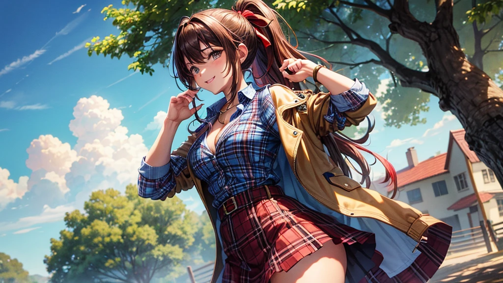 1girl, summer, village, trees, sun, clouds, ((colorful hair)), long hair, curly hair, ponytail, large breasts, button down shirt, ((blue checked shirt)), ((unbuttoned shirt)), cleavage 1:3, brown eyes, ((opened brown zipper jacket)), leather jacket, ((red black skirt)), smile, looking at the viewer, touching neck, standng, hair ribbon, golden necklate