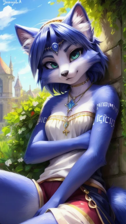 A beautiful and detailed (sweet portrait) von ((Krystal)), Sternenfuchs Krystal, Schlank, liebenswert, green eyes, small breasts, Dekollete, Grinsen, hoch schauen,, anthro, Pelzig, Hochgeladen E621, detailed flauschige fur, (von Fluff-Kevlar, Bayard Wu, personalami, Pino Daeni), detailliertes Gesicht, (flauschige), 1 girl, Allein, auf einem stein sitzend, alltagskleidung, in den himmel schauend, auf eine wiese, am abend