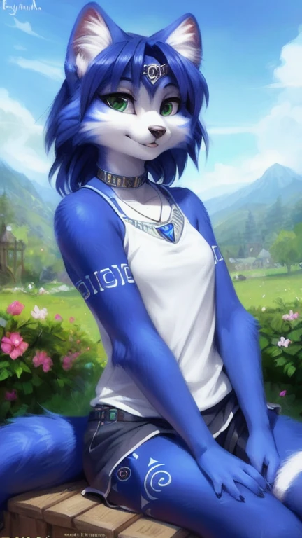 A beautiful and detailed (sweet portrait) von ((Krystal)), Sternenfuchs Krystal, Schlank, liebenswert, green eyes, small breasts, Dekollete, Grinsen, hoch schauen,, anthro, Pelzig, Hochgeladen E621, detailed flauschige fur, (von Fluff-Kevlar, Bayard Wu, personalami, Pino Daeni), detailliertes Gesicht, (flauschige), 1 girl, Allein, auf einem stein sitzend, alltagskleidung, in den himmel schauend, auf eine wiese, am abend