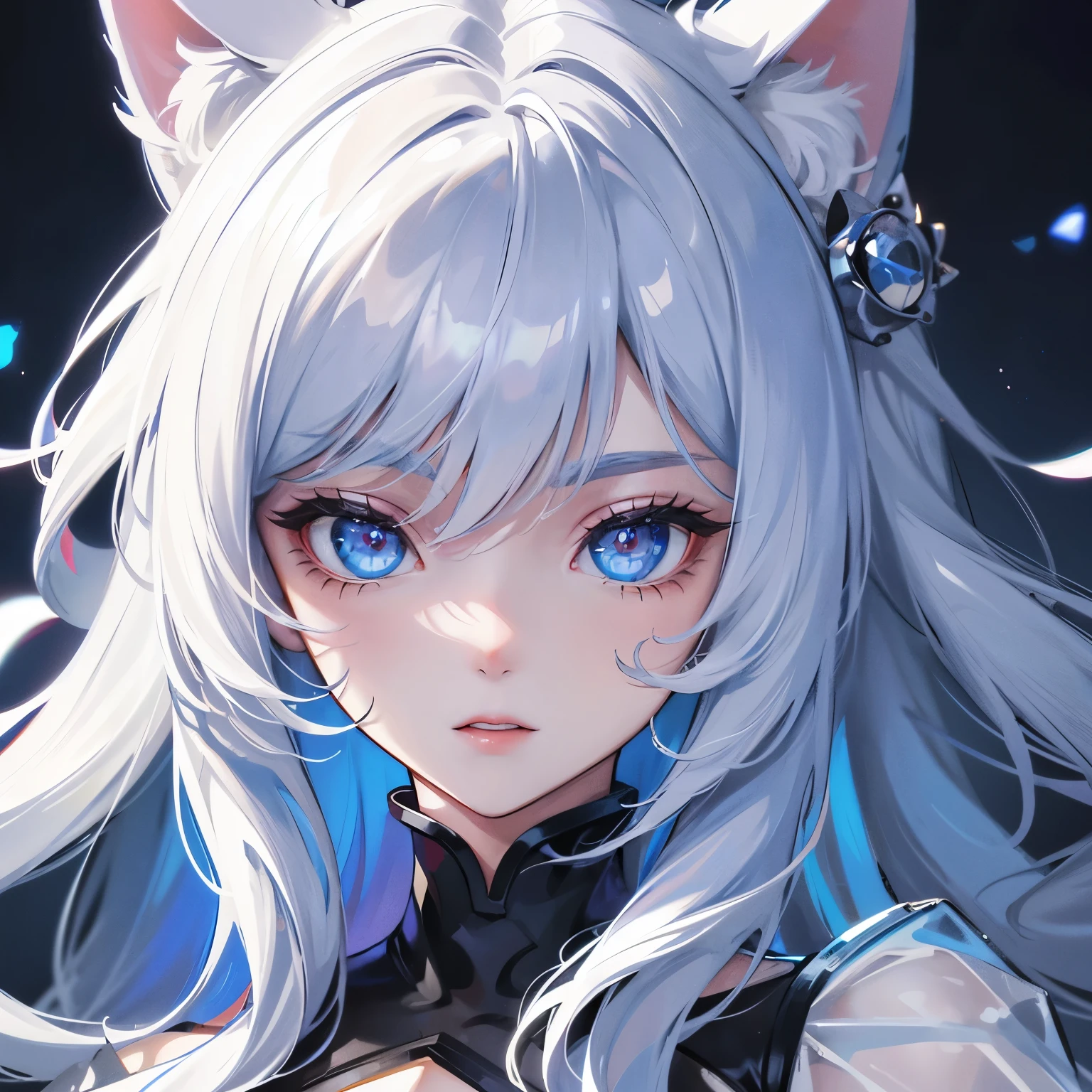 Best quality, 8k, 32k, perfect body, ultra detailed face, , detailed blue eye's, long white hair, cat girl