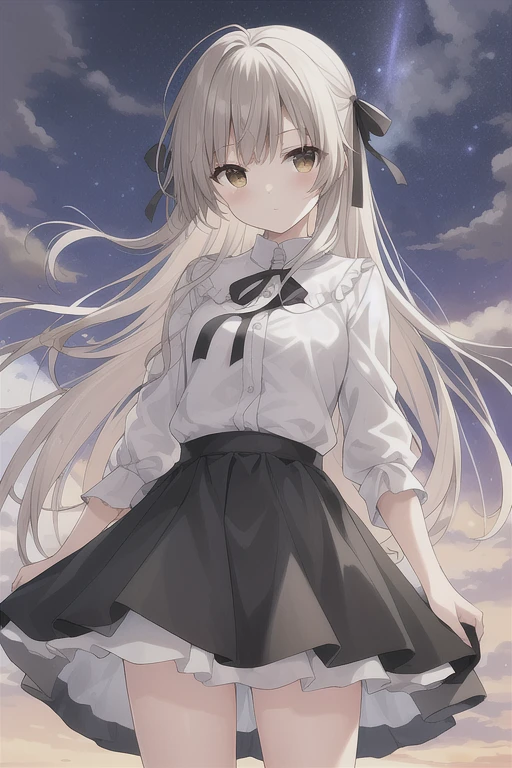 ((masterpiece:1.4, best quality)) ,Kasugano Sora,1 Girl,Brown eyes,skirt,Plush Toys,Stuffed Animals,stuffed bunny,
outdoor,cloud.night,Depth of Field,Wind,Cowboy shooting,(Star \(Symbolism\)),Happy,permanent,The galaxy is vast,Looking at the stars