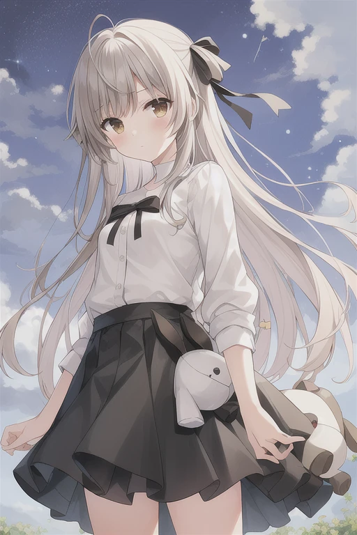 ((masterpiece:1.4, best quality)) ,Kasugano Sora,1 Girl,Brown eyes,skirt,Plush Toys,Stuffed Animals,stuffed bunny,
outdoor,cloud.night,Depth of Field,Wind,Cowboy shooting,(Star \(Symbolism\)),Happy,permanent,The galaxy is vast,Looking at the stars
