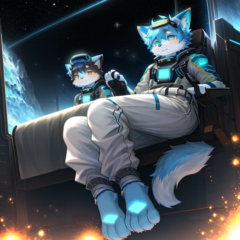 "(High quality sci-fi scenery and shadows,Ray Tracing,Particle Effects,8k resolution),(Cat-eared Shota boy and oversized wolf tail+The ears are big and long)of(White luminous pants+皮毛是白色of+Yellow and blue luminous clothes),Wearing futuristic sci-fi naval command uniform,Space Helmet,Goggles,Animal-type feet,散发着神秘又英气of可爱气质。"